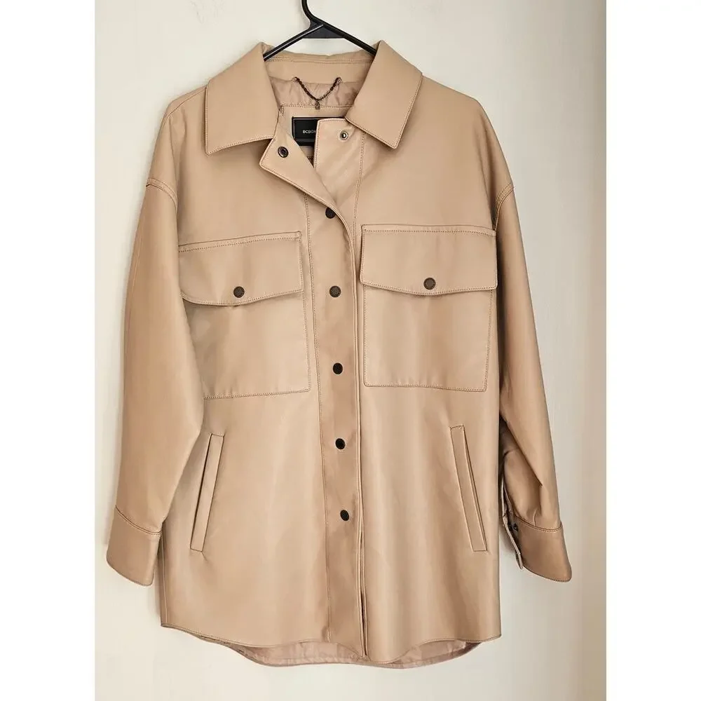 BCBGMAXAZRIA Faux-Leather Shirt Jacket Tan Oversized Fit Womens Sz S
